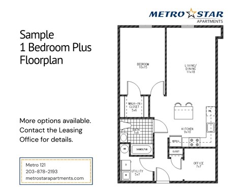 A floor plan for a 1 Bedroom Plus apartment is shown for Metro Star Apartments.